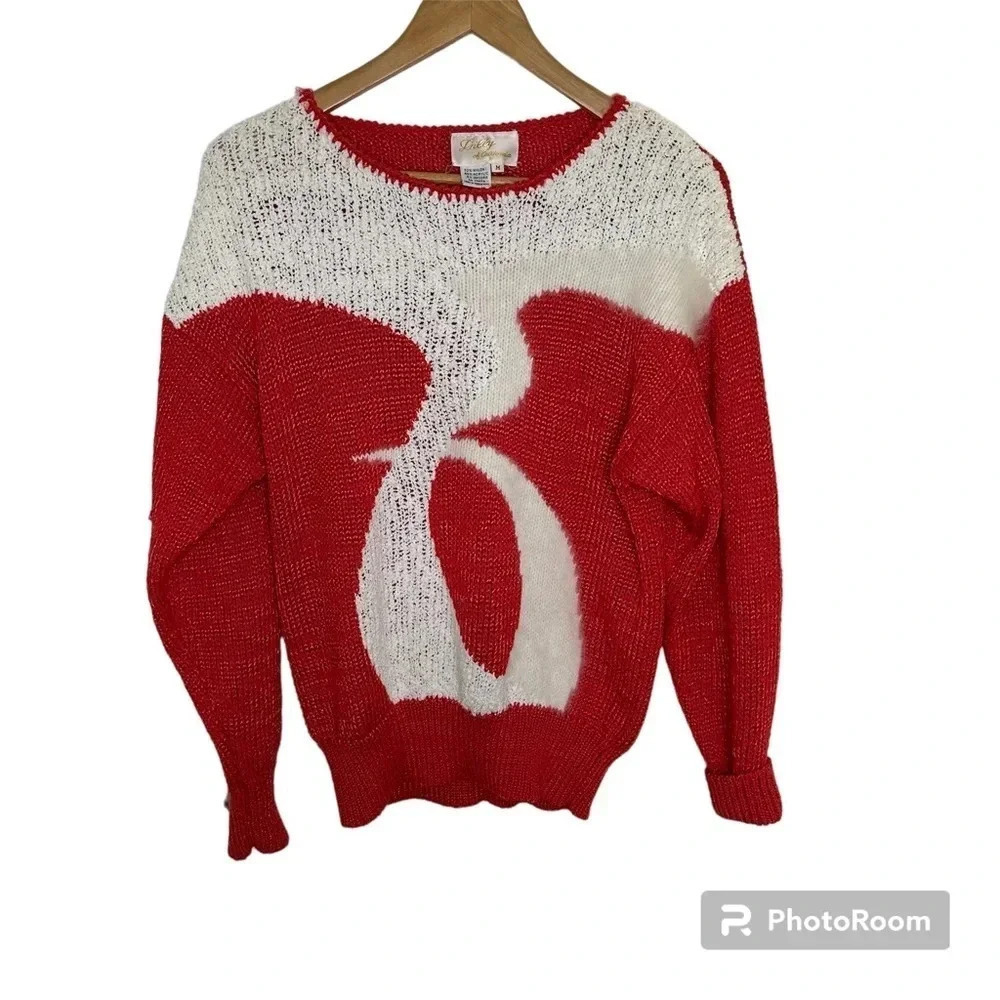 Vintage Red & White Knit Lilly of California Angora Sweater Size Medium